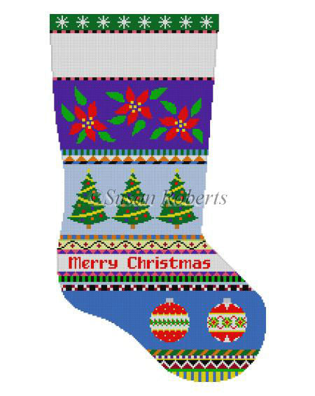 Bold Stripe Poinsettias & Ornaments - Stocking