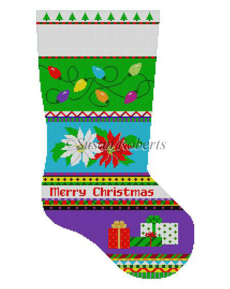 Bold Stripe Lights, Poinsettias, Presents - Stocking