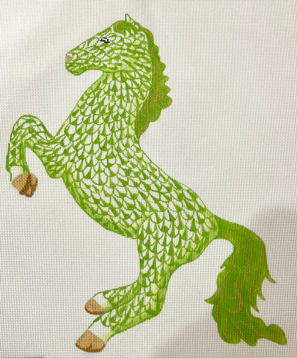 Lime green fishnet rearing horse