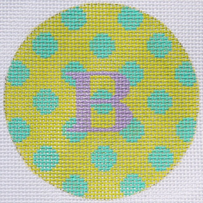 3" Round – Lime w/ Turquoise Polka Dots, Bright Lavender Letter