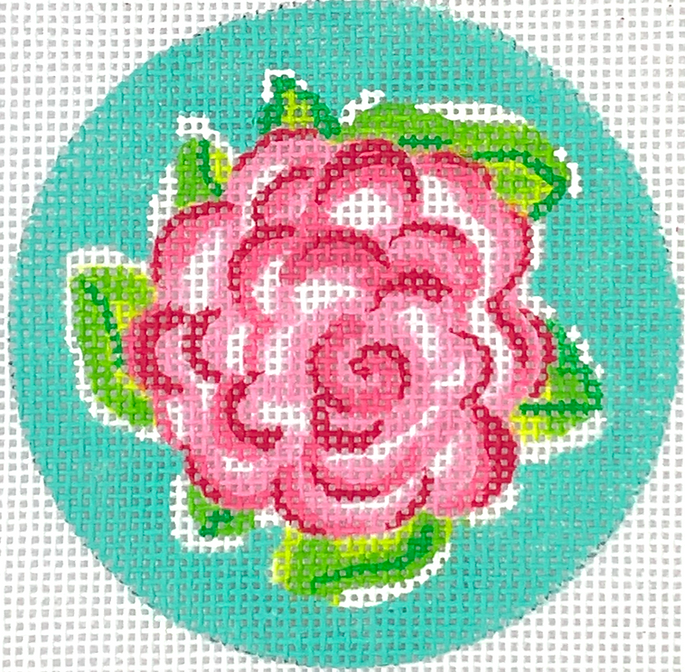 3” Round – Lilly-inspired rose – pinks & greens on turquoise