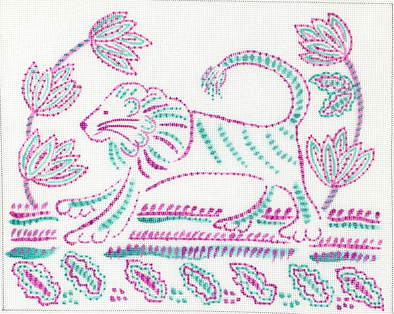 Jilly Walsh – Indian Textile-inspired Lion w/ Tulips & Leaves