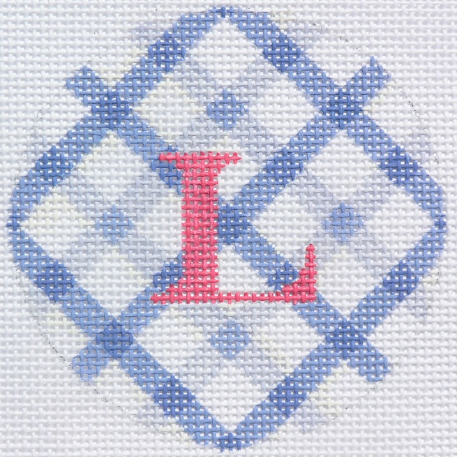 3" Round – Blues & White Gingham, Red Letter