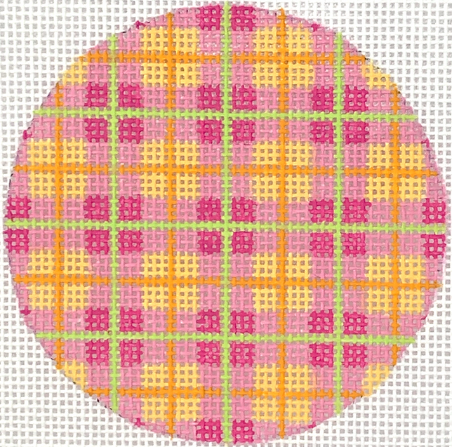 3" Round – Madras Plaid – tangerine, watermelon & kiwi w/ deep pink letter