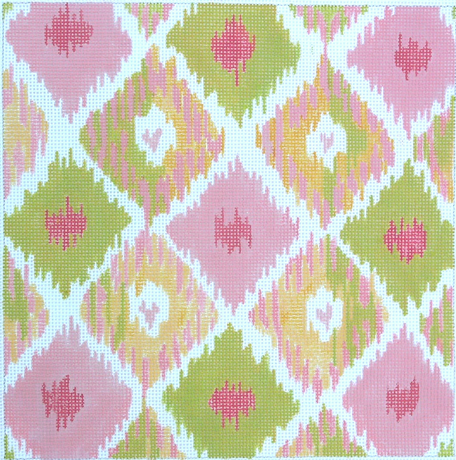 Ikat Diamonds w/ Four Hearts – pinks & greens w/ sun yellow