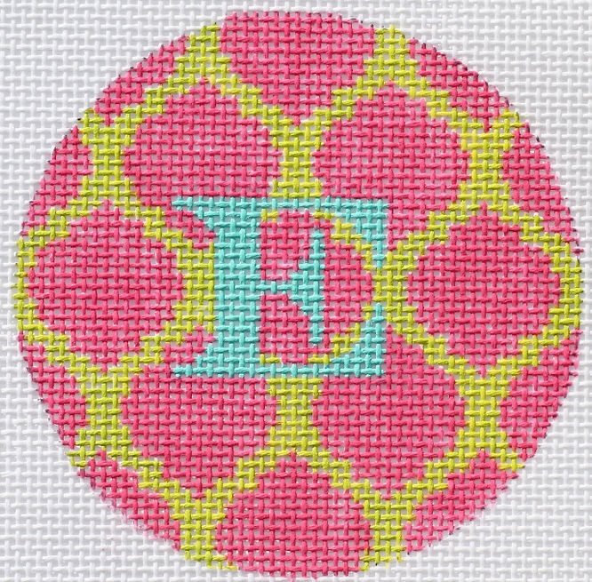 3" Round – Hot Pink & Lime Quatrefoil Damask, Deep Turquoise Letter