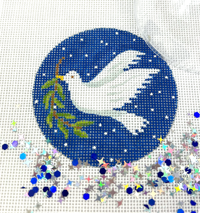 3” Round w/ Clear Dome & Confetti – Dove w/ Olive Branch on Starry Night Sky