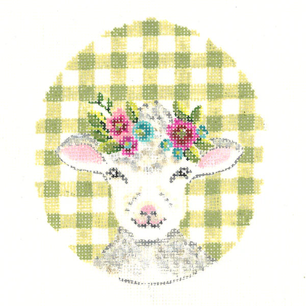 Curly Lamb w/ Flower Crown on Green Gingham