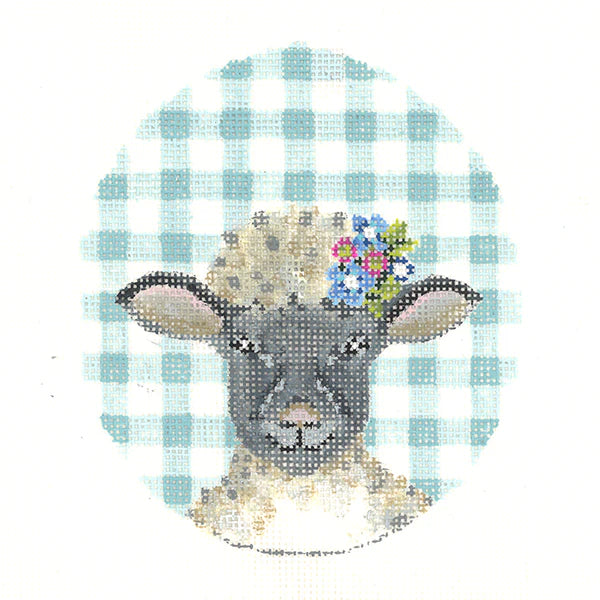 Black Lamb with Flower Crown on Aqua Gingham