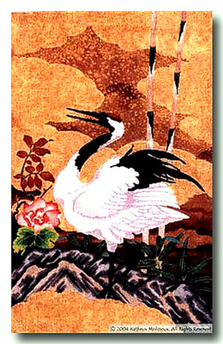 Japanese Crane & Peonies (Center Panel)