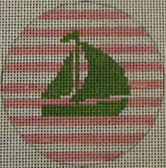 Sailboat on Stripe - Green and Pale Pink