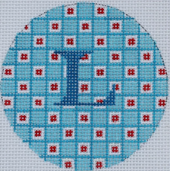 3" Round – Blue & White Grid, Red Dots & Blue Letter