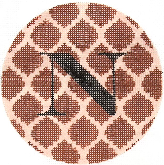 4” Round – Quatrefoils – brown on tan w/ dark brown letter