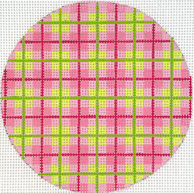 4” Round – Madras Plaid – pinks & greens with grass green letter