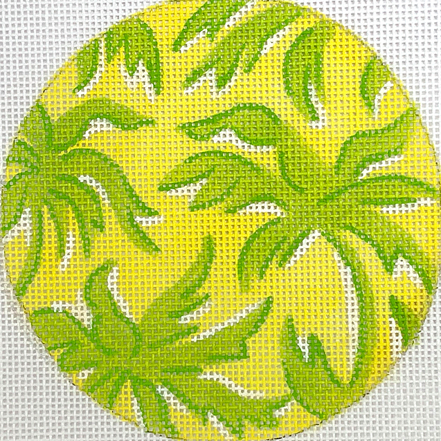 4” Round – Lilly inspired Palm Trees – greens on lemon yellow