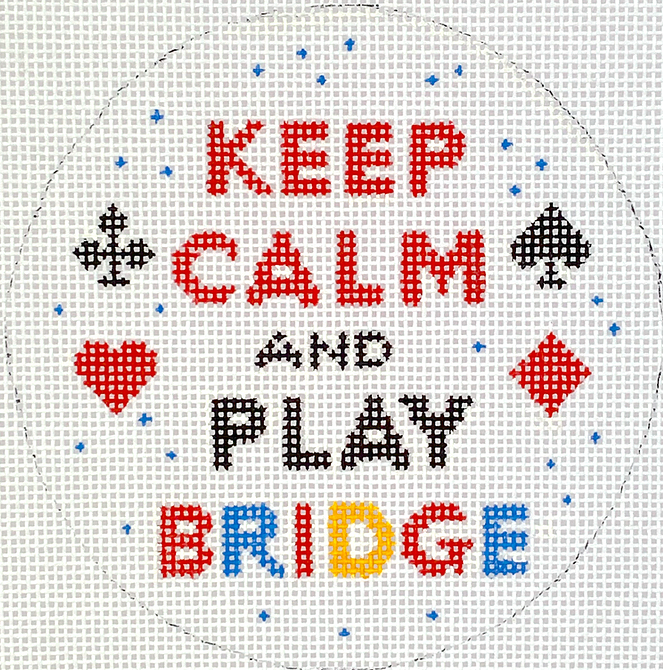 4” Round – Keep Calm & Play Bridge – red, black, yellow & blue on white