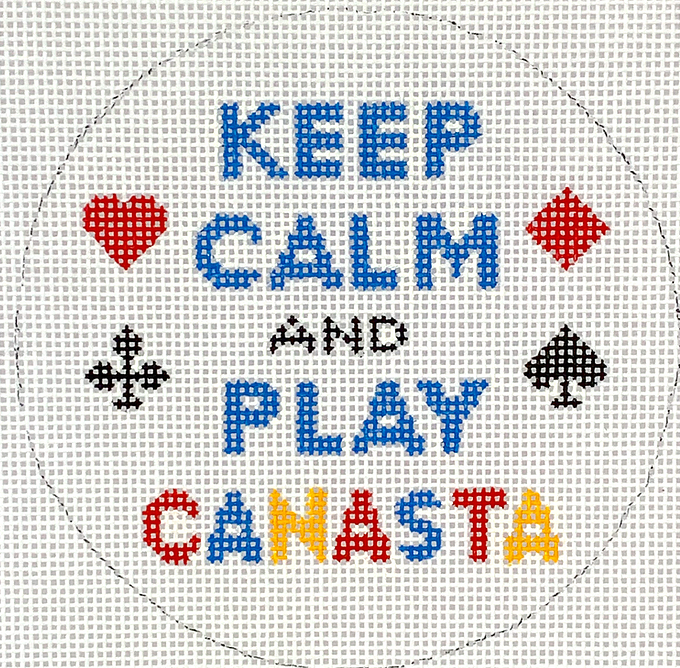 4” Round – Keep Calm & Play Canasta – red, black, yellow & blue on white