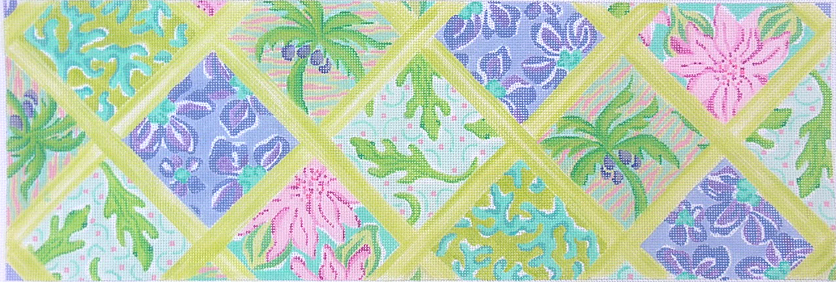 Long Rect.– Lilly-inspired Lattice Patchwork – turquoise, periwinkle, violet & greens