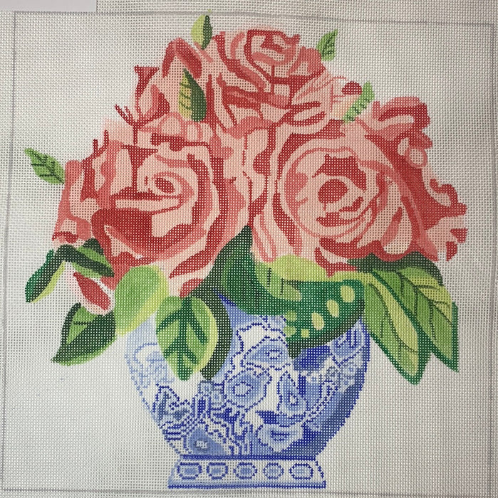 Large Blue Vase of Roses